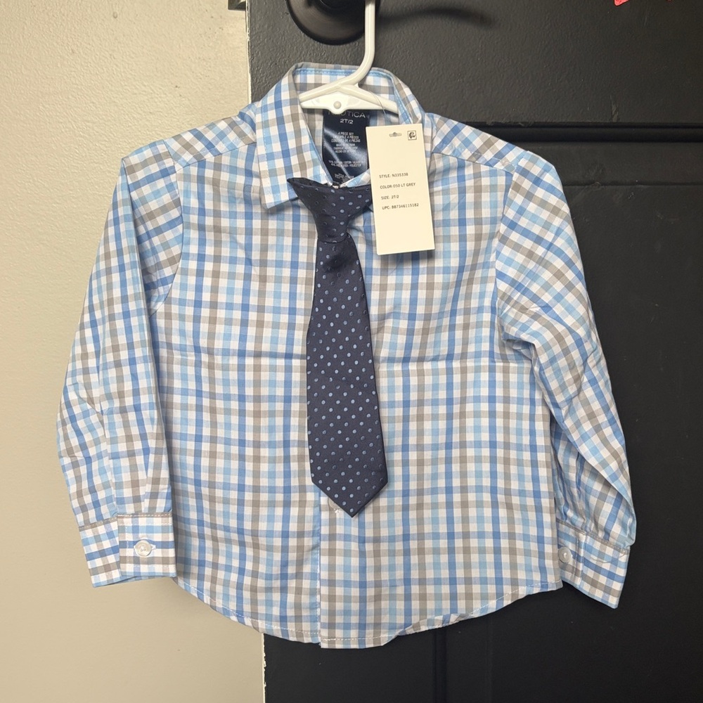 Blue and White Checkered Shirt with Navy Tie